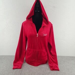 Juicy Couture Large | *FLAWS* Red Velour Rhinestone Logo Zip Up Hoodie Y2K